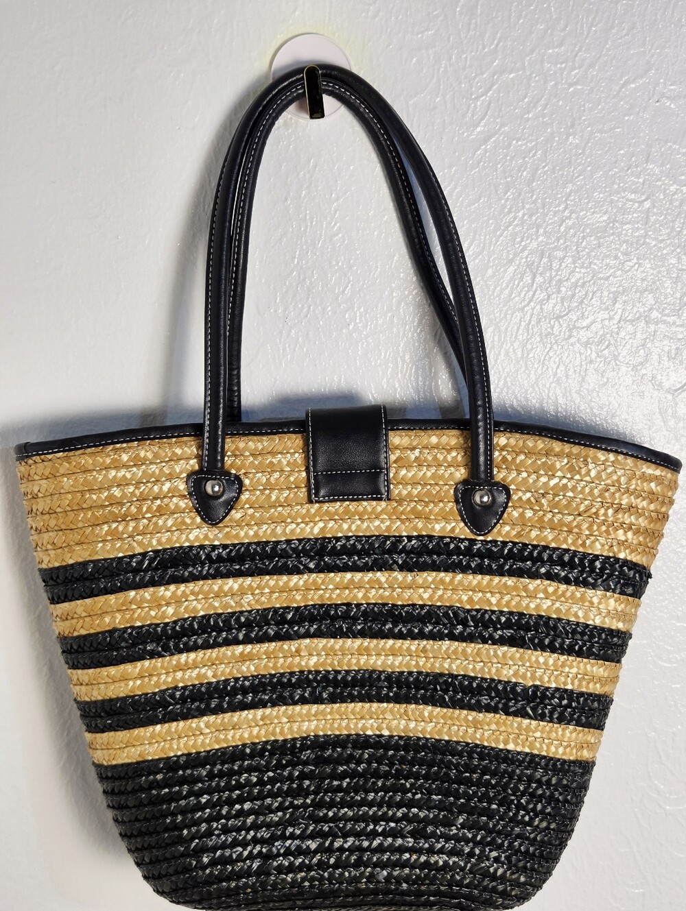 Black & Natural Straw Tote Bag with Leather Handles - Picture 6 of 8